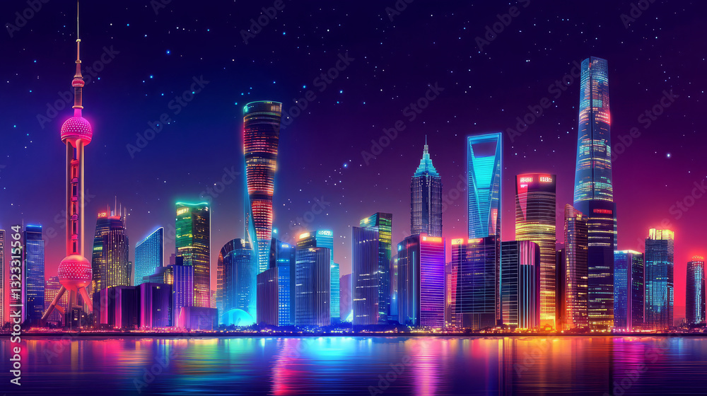 Futuristic city skyline with vibrant lights and abstract technology elements, showcasing stunning night view Futuristic city skyline with vibrant lights and abstract technology elements, showcasing stunning night view