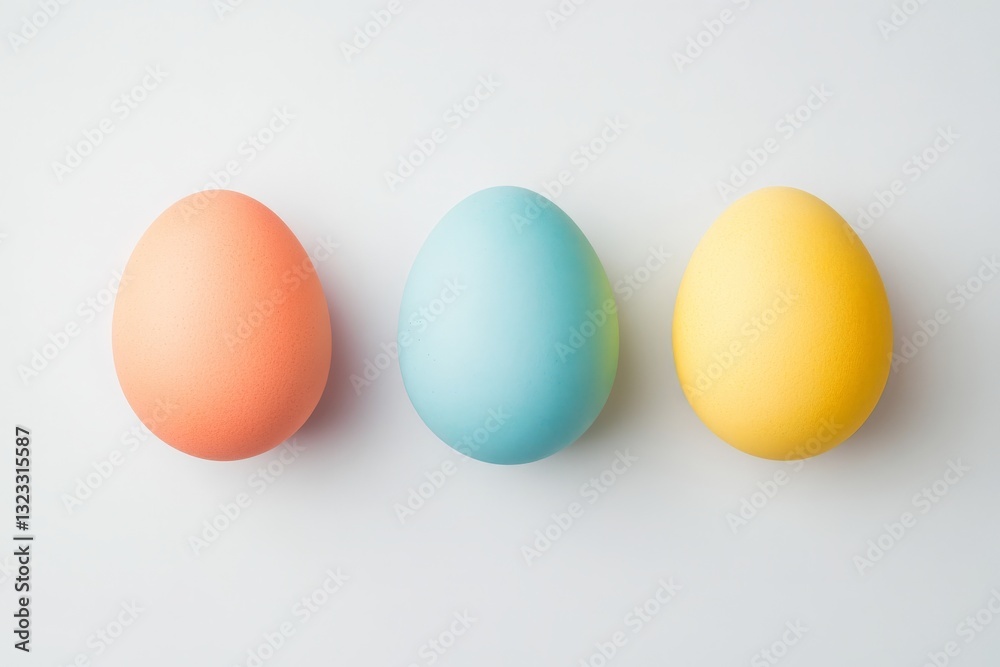 Three pastel colored Easter eggs arranged on a soft white background creating a simple and elegant composition for modern seasonal designs and creative greeting cards Three pastel colored Easter eggs arranged on a soft white background creating a simple and elegant composition for modern seasonal designs and creative greeting cards