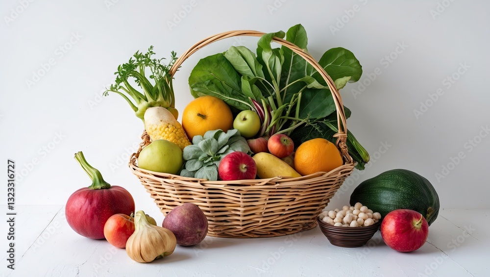Fresh vegetables and fruits in a woven basket on a light background with ample copyspace including greens yellows reds and earthy tones. Fresh vegetables and fruits in a woven basket on a light background with ample copyspace including greens yellows reds and earthy tones.