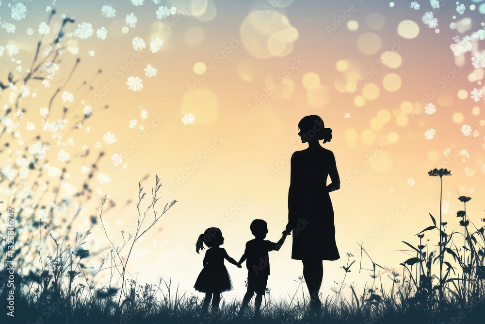Mother holding hands with children in magical field during sunset Mother holding hands with children in magical field during sunset