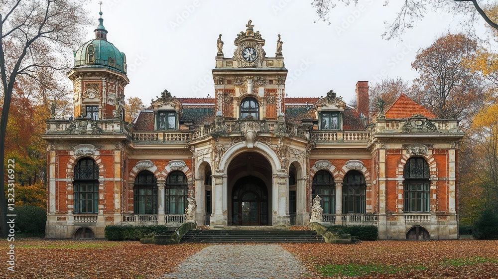 Fototapeta premium Majestic historic mansion with autumn leaves and detailed architecture