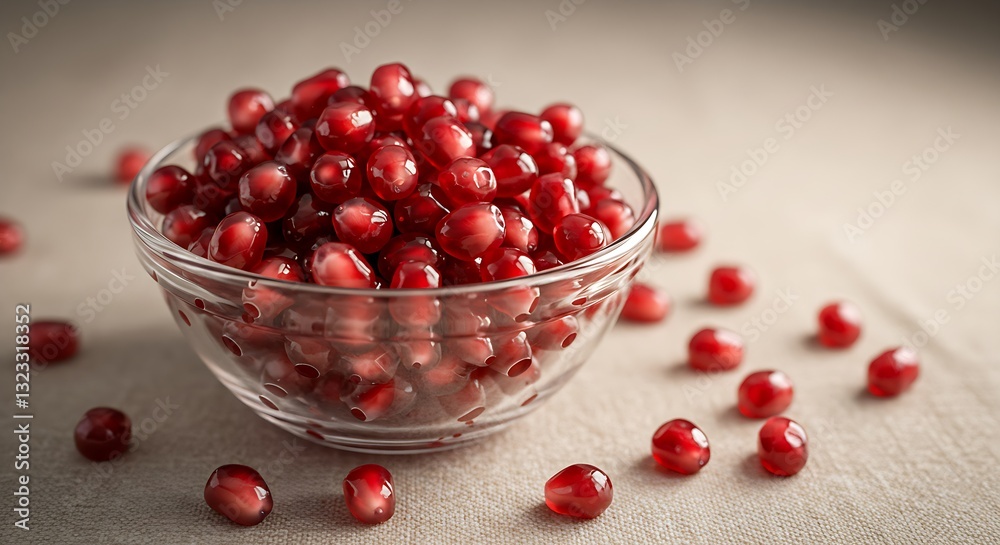 A small bowl filled with juicy, red pomegranate seeds. A small bowl filled with juicy, red pomegranate seeds.