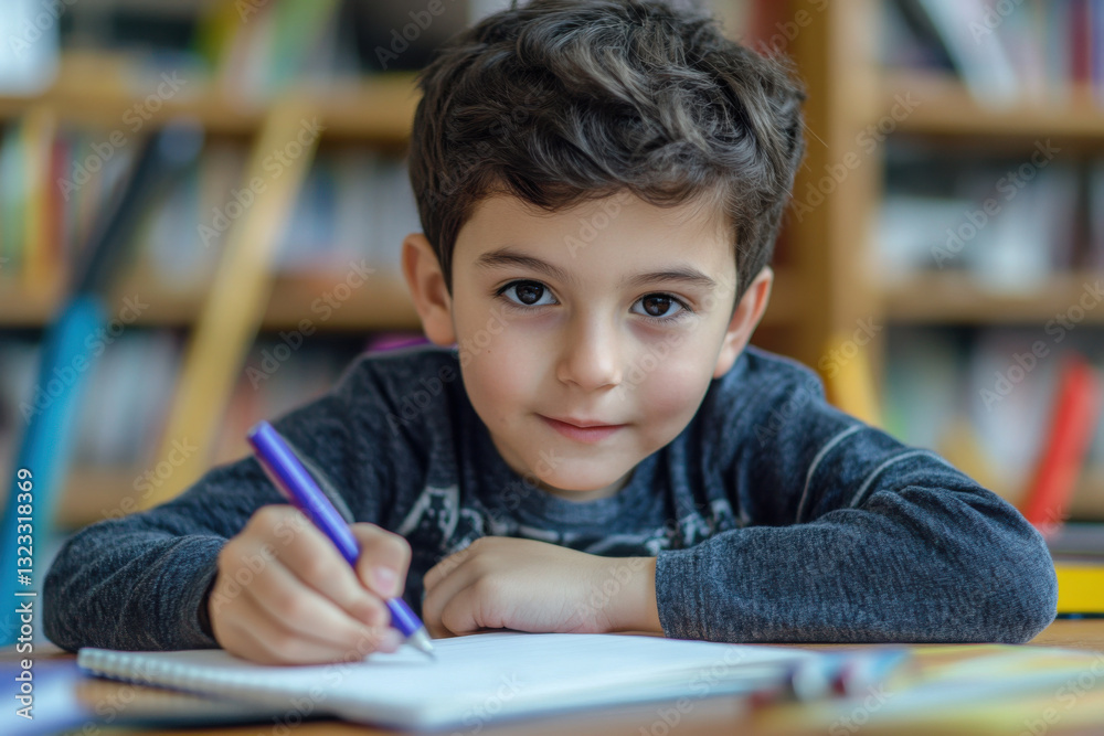 Cute boy doing homework and writing on notebook in library Cute boy doing homework and writing on notebook in library