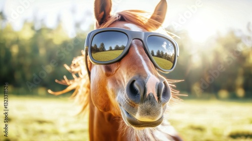 Playful horse wearing sunglasses enjoys sunny day in nature close-up view fun animal portrait