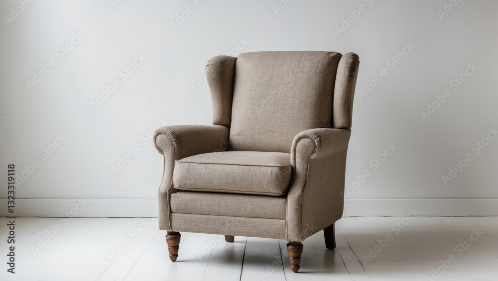 Soft beige armchair with wingback design positioned left on a clean white background with light wood flooring enhancing minimalistic interior decor. Soft beige armchair with wingback design positioned left on a clean white background with light wood flooring enhancing minimalistic interior decor.