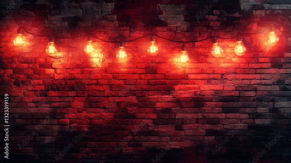 Fototapeta premium Vintage string lights hanging on red brick wall with glowing warm bulbs