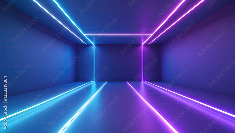 Abstract Virtual Reality Room with Blue and Purple Neon Glowing Lines on Dark Background Spacious Layout for Text and Design Elements Abstract Virtual Reality Room with Blue and Purple Neon Glowing Lines on Dark Background Spacious Layout for Text and Design Elements