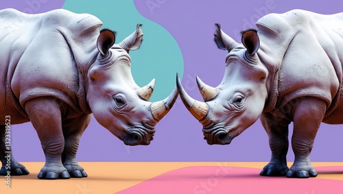 Two white rhinos facing each other with detailed textures, set against a pastel purple background with geometric shapes and contrasting colors.