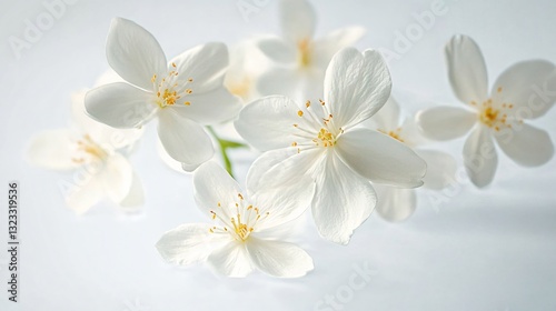 Delicate arrangement of pure white jasmine blossoms on a bright background, ideal for wedding invitations, spring events, or minimalistic décor.