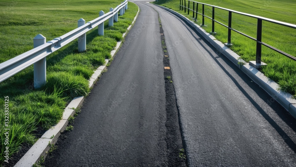 Asphalt road with railings on both sides, lush green grass alongside, captured from a side angle, isolated on a white background. Asphalt road with railings on both sides, lush green grass alongside, captured from a side angle, isolated on a white background.