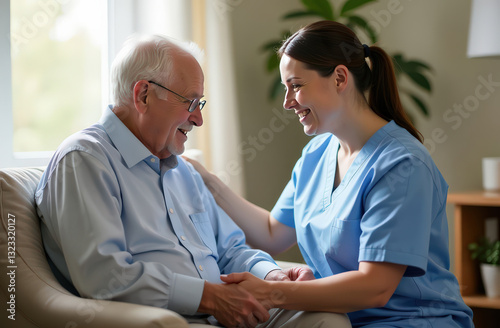 Elderly caucasian male with caring female nurse in home care setting