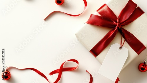 Sophisticated holiday gift box tied with ribbon red top view, blank tag alongside decorative red baubles resting on crisp white surface