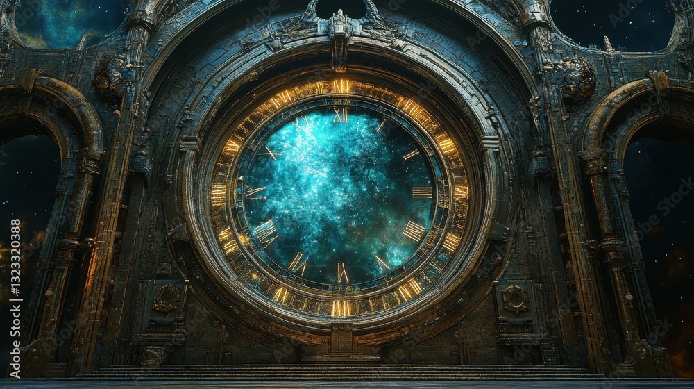 Obraz premium Intricate astronomical clock in a cosmic setting with roman numerals and arch design