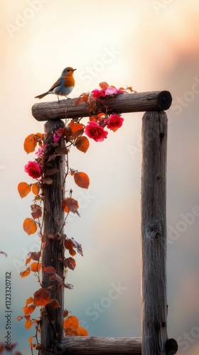 Sunrise delight with roses and morning glory, a cheerful robin perches on a wooden trellis in a tranquil garden setting