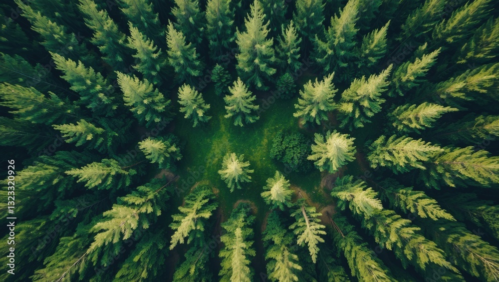Aerial view of lush green coniferous forest with varying shades of green, trees evenly distributed across the image creating a vibrant natural pattern. Aerial view of lush green coniferous forest with varying shades of green, trees evenly distributed across the image creating a vibrant natural pattern.