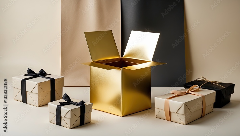 Minimalistic gift boxes arrangement featuring a large open golden box in center with beige black and white background creating elegant contrast. Minimalistic gift boxes arrangement featuring a large open golden box in center with beige black and white background creating elegant contrast.