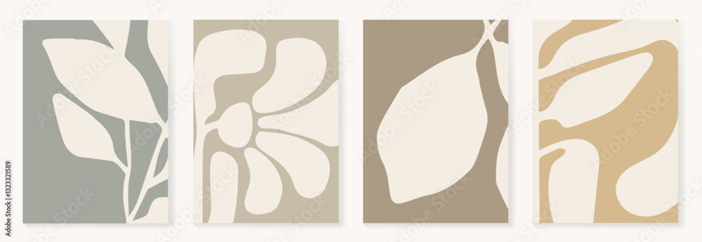 Fototapeta premium Set of abstract foliage poster vector. Leaves, flower, organic shapes, earth tone colors, leaf branch. Illustration design for Eco packaging, interior, cover, wall art, wallpaper.