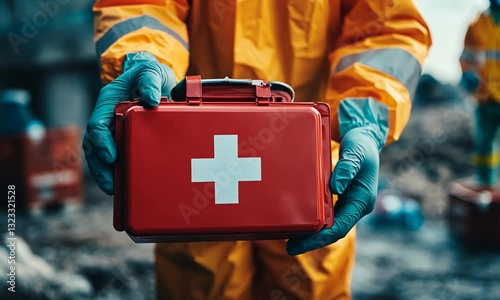 Emergency responder in protective gear holding a first aid kit at a disaster site with colleagues nearby