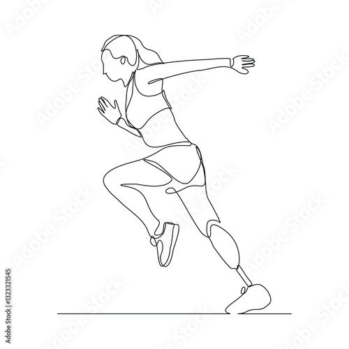 Continuous line of female amputee athlete runner with prosthetic legs run with motivation and passion competition. Single sketch drawing vector illustration 