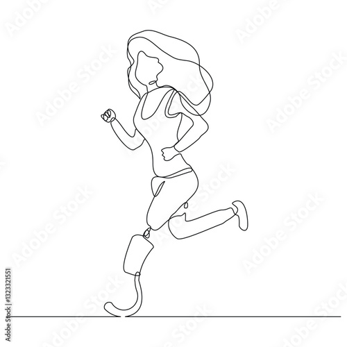 Continuous line of female amputee athlete runner with prosthetic legs run with motivation and passion competition. Single sketch drawing vector illustration 
