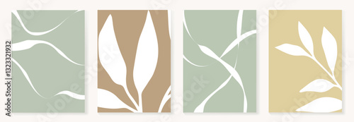 Set of abstract foliage poster vector. Leaves, flower, organic shapes, earth tone colors, leaf branch. Illustration design for Eco packaging, interior, cover, wall art, wallpaper.