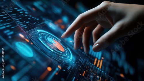 Closeup of a hand interacting with a holographic interface manipulating 3D graphs and pie charts with intuitive gestures. The stunning visual effects create a sense of depth illustrating