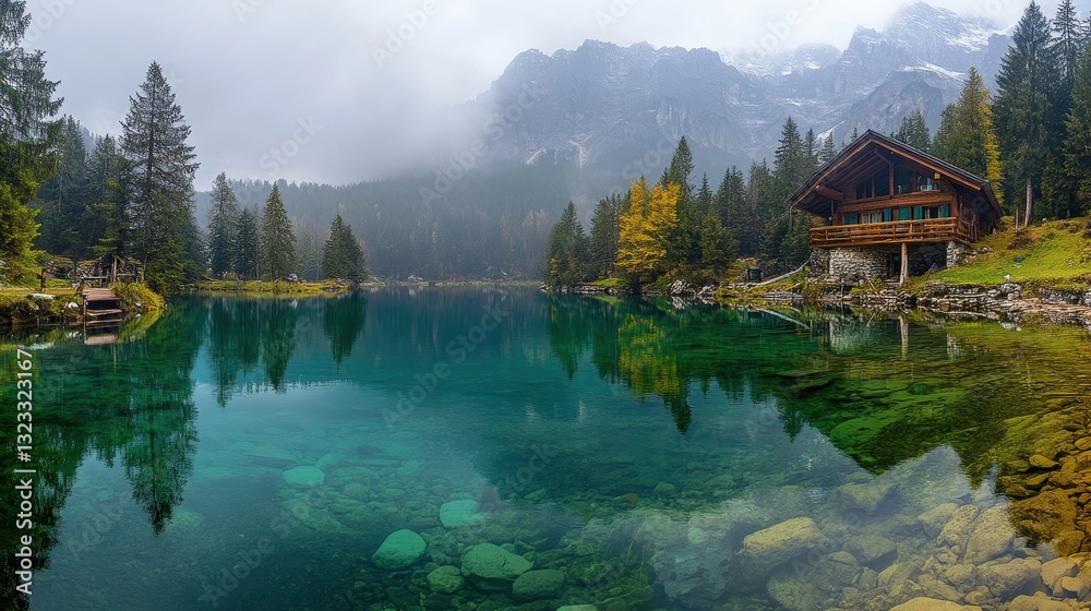 Naklejka premium Tranquil mountain lake with rustic cabin and misty pines in autumn