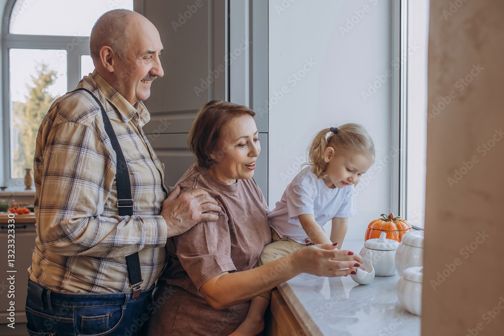 Obraz premium Grandmother, grandfather and granddaughter playing together at home on the window portrait