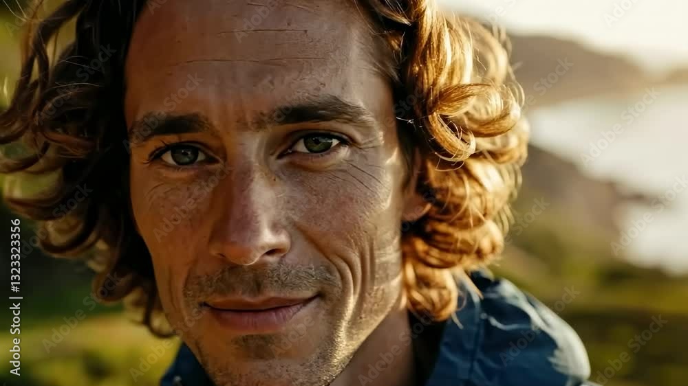 Curious exploration: man with wavy hair in scenic coastal landscape Curious exploration: man with wavy hair in scenic coastal landscape