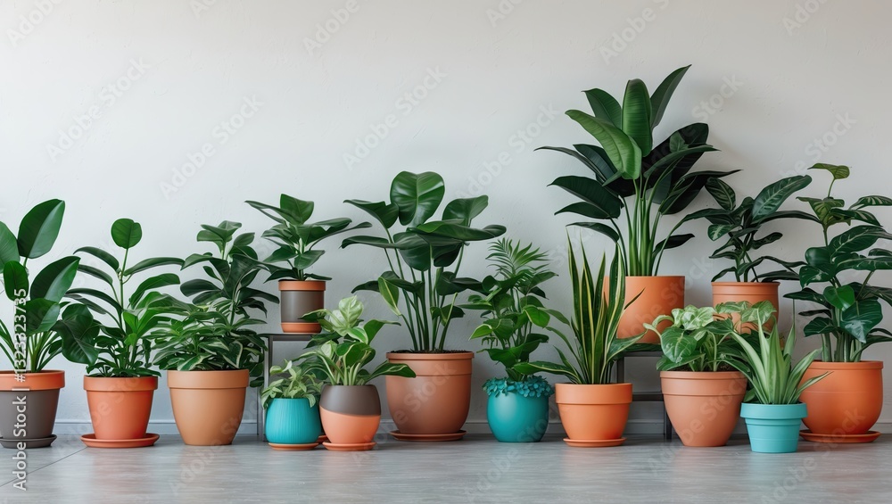 Fototapeta premium Assorted indoor houseplants in terracotta and teal pots arranged symmetrically against a light gray wall enhancing modern room decor.