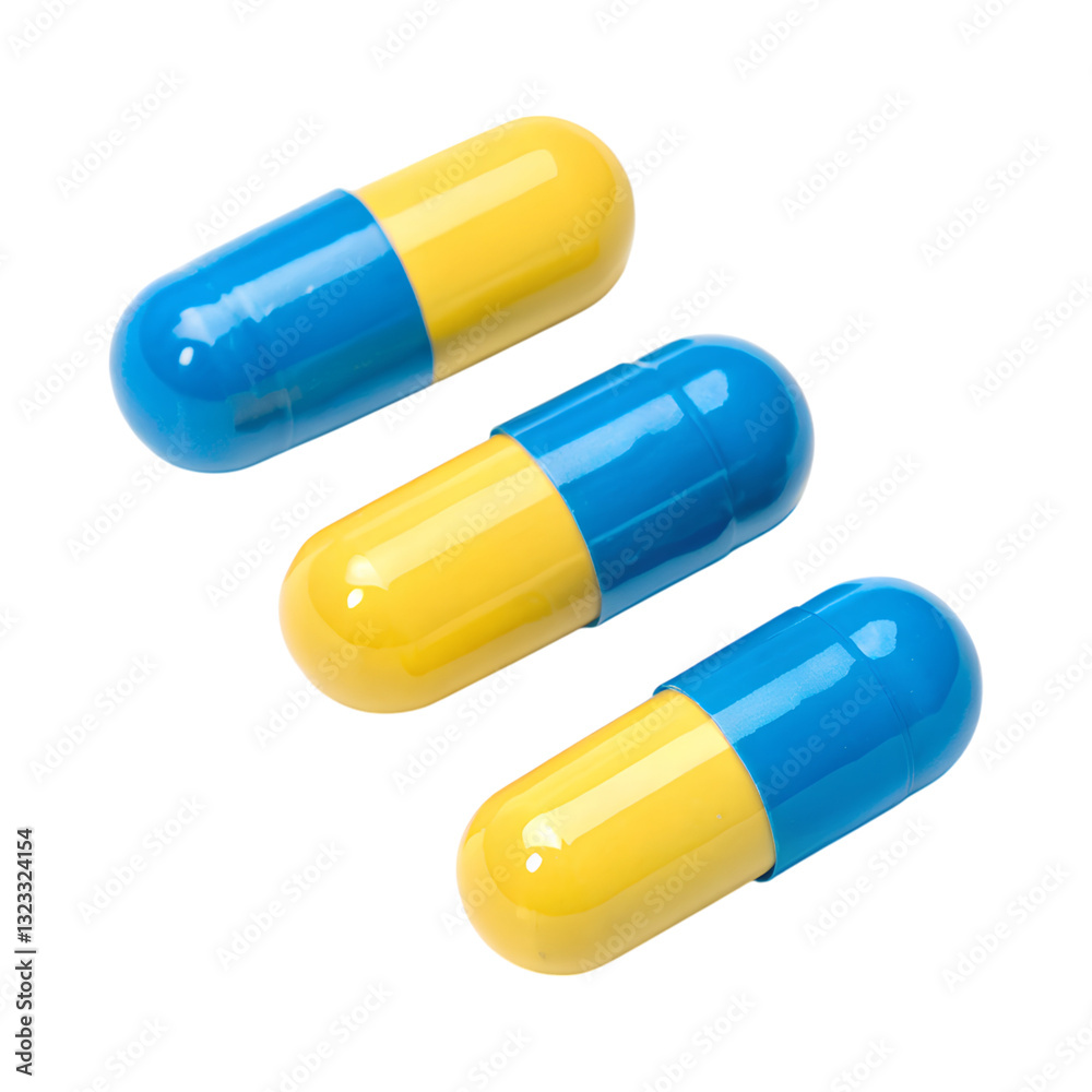 Bright blue and yellow capsules arranged on transparency background Bright blue and yellow capsules arranged on transparency background