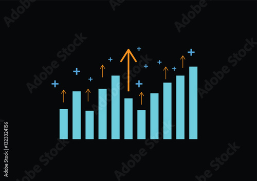 Stock and investment concept. A bar graph with a yellow upper arrow on a dark background. Bullish market, profit of wealth, high risk high return, business growth up.