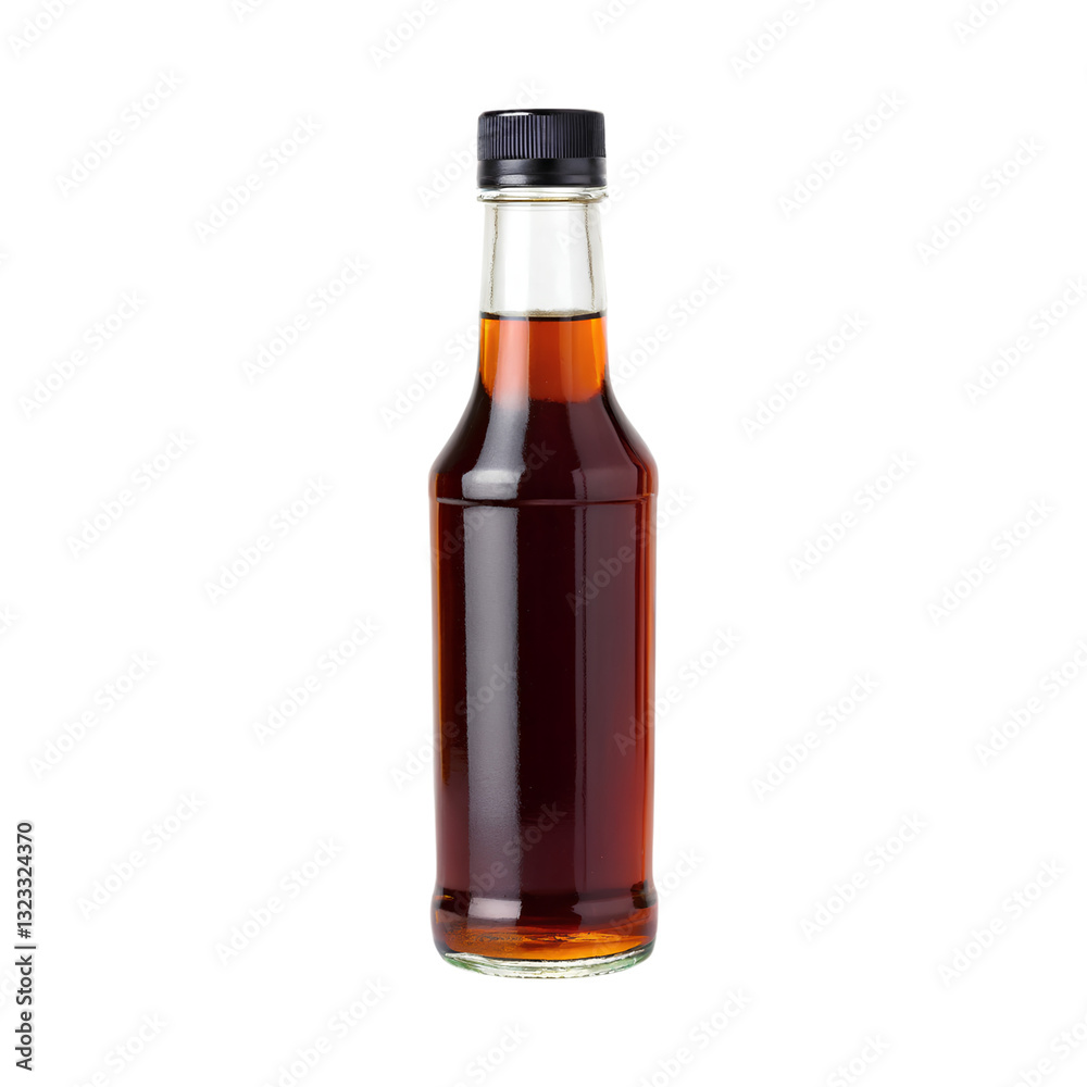 Rich brown fish sauce in clear bottle with black cap, perfect for cooking Rich brown fish sauce in clear bottle with black cap, perfect for cooking