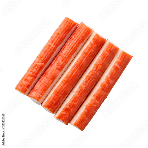 Fresh crab sticks arranged neatly on transparency background, perfect for sushi