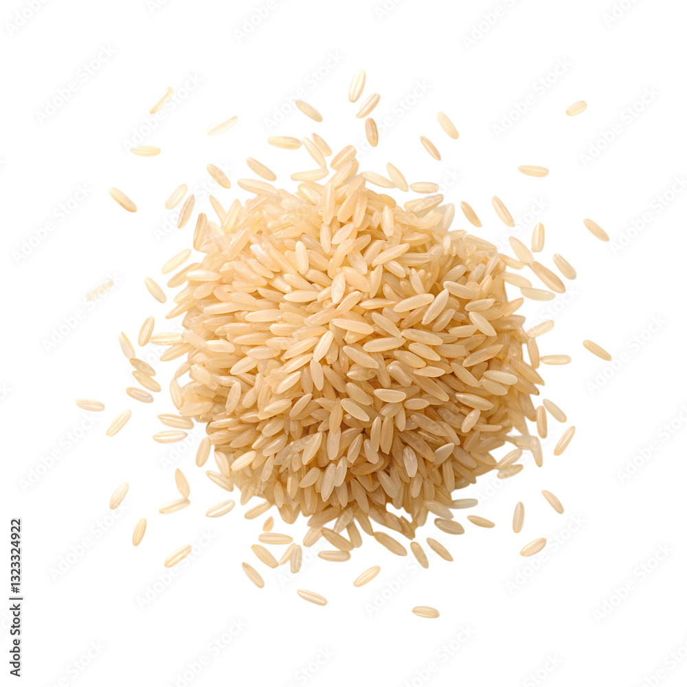 Brown rice grains scattered on transparency background, showcasing their texture and color Brown rice grains scattered on transparency background, showcasing their texture and color