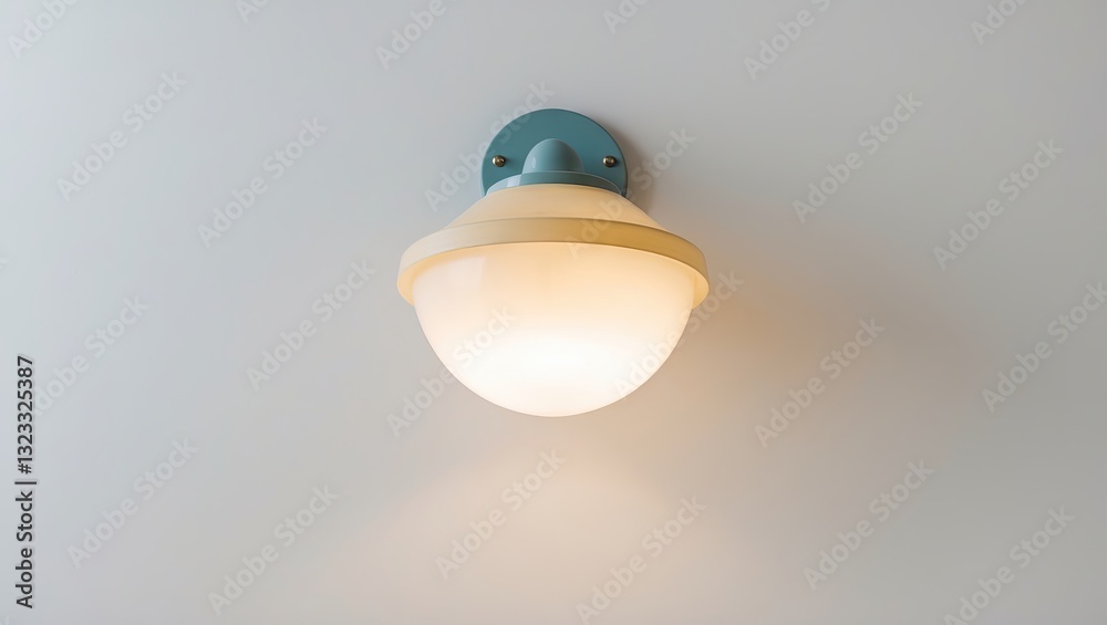 Wall-mounted ceiling lamp with soft white globe and blue fixture positioned centrally against a light gray wall background. Wall-mounted ceiling lamp with soft white globe and blue fixture positioned centrally against a light gray wall background.