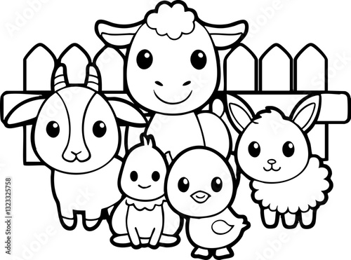 Cute cartoon farm animals gathered in front of a fence, ideal for children's illustrations.
