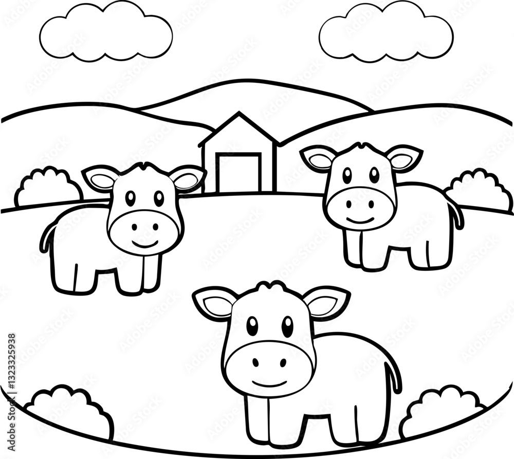Obraz premium Three cartoon cows in a farm setting with clouds and a barn in the background.