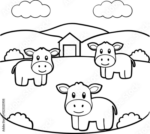 Three cartoon cows in a farm setting with clouds and a barn in the background.