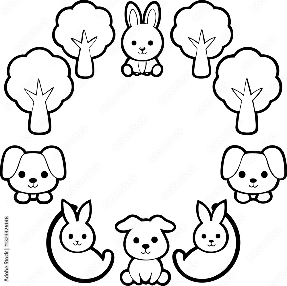 Obraz premium Playful cartoon animals surrounded by trees, ideal for children's art or design.