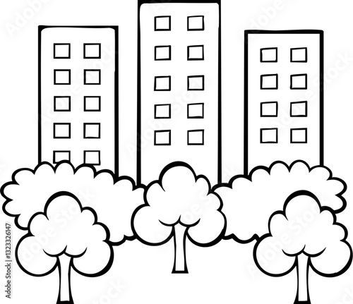 Three outlined buildings surrounded by trees in a simple, minimalist style.