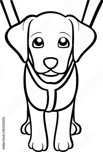 Cute cartoon dog with big eyes, wearing a harness and leash, looking straight ahead.