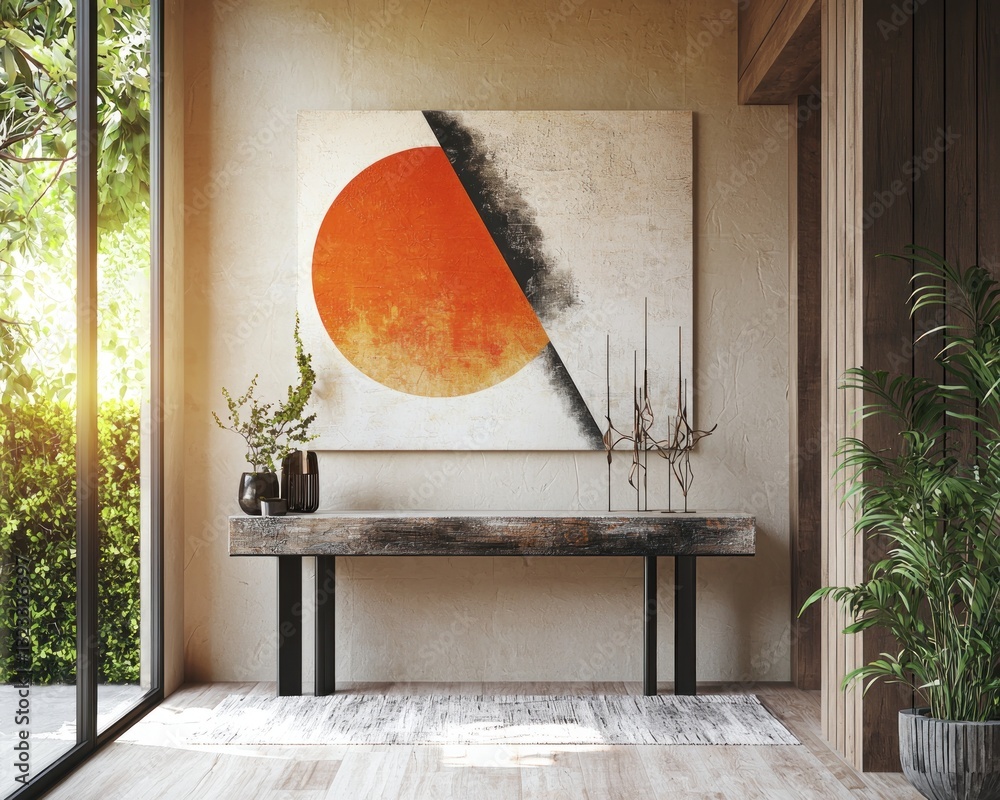 Artistic entryway with a modern console table, abstract wall decor, and natural lighting.
