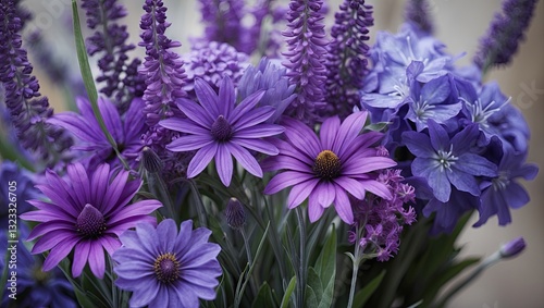 Vibrant bouquet of purple flowers featuring daisies and lavender arranged artfully with varying shades of lavender and violet in a soft-focus background.