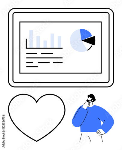 Bar graph and pie chart on tablet screen, large heart, thoughtful person. Ideal for data analysis, emotional intelligence, business insight, decision-making, user experience, human connection