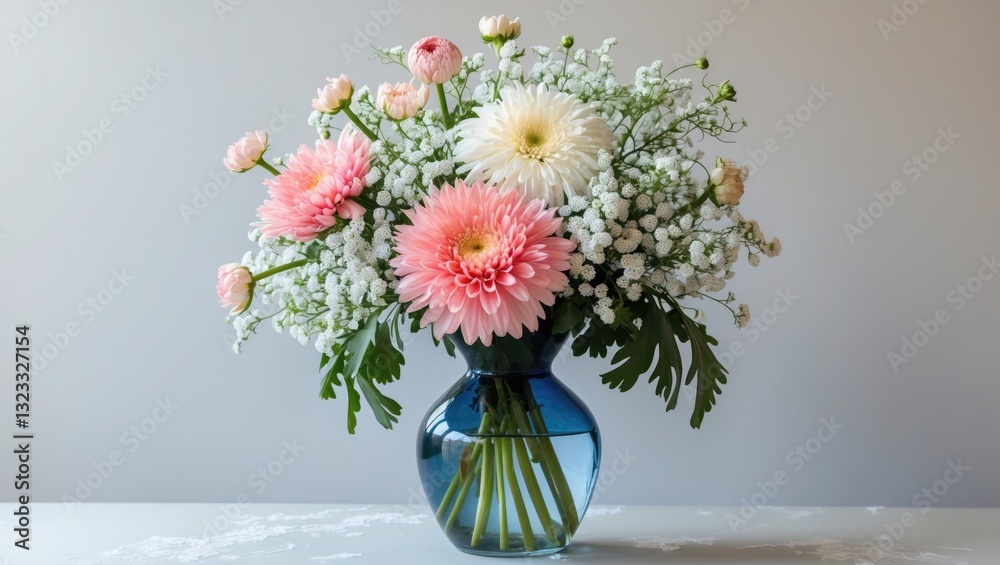 Vibrant pink and white chrysanthemum and gypsophila bouquet in a blue vase against a soft light gray background with delicate greenery accents. Vibrant pink and white chrysanthemum and gypsophila bouquet in a blue vase against a soft light gray background with delicate greenery accents.