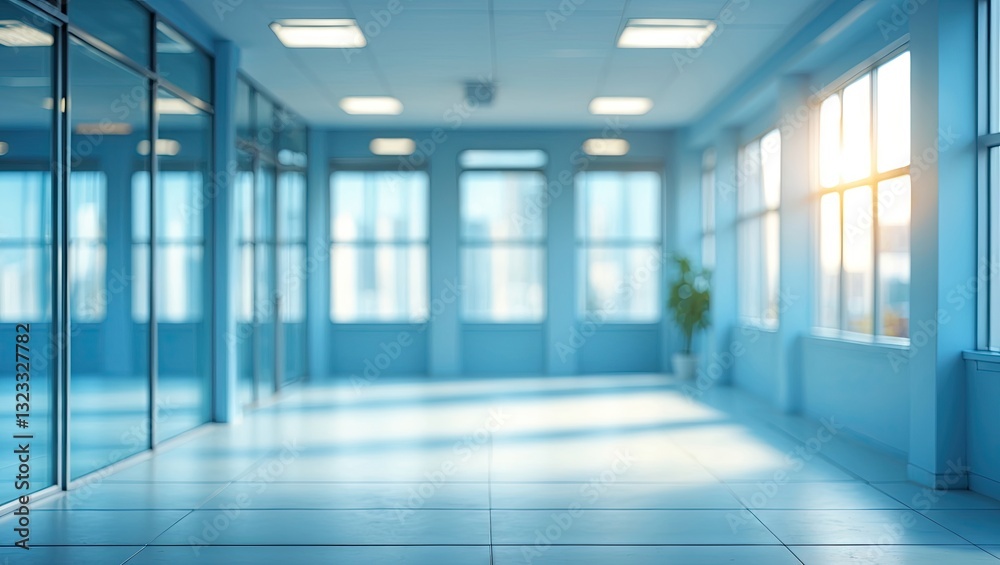 Fototapeta premium Light blue office interior with large windows casting reflections, spacious and bright, ideal for text overlay or design, blurred background effect.