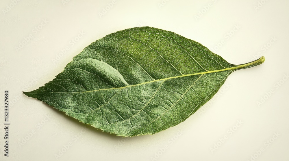 Obraz premium Close-up of a green leaf with detailed veins and texture on light background