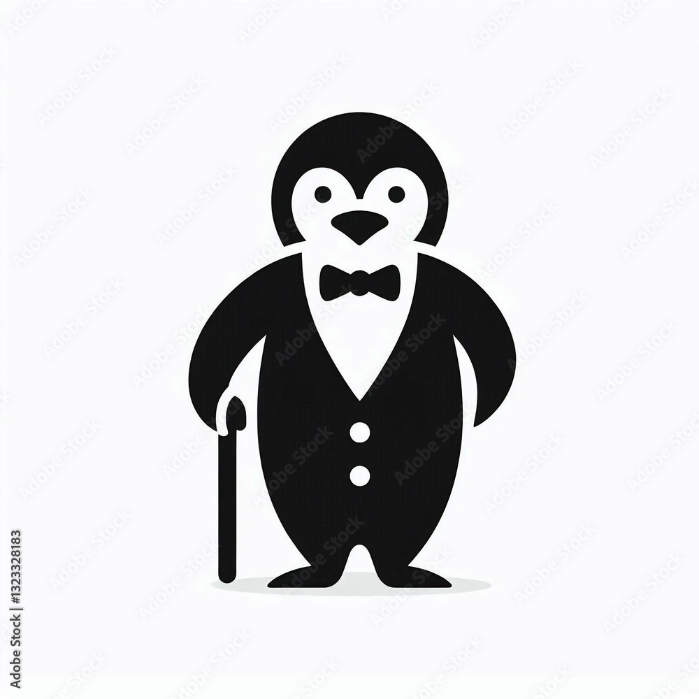 Obraz premium Dapper Penguin with Bowtie Cane Black Silhouette