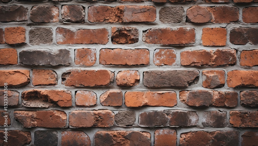 Obraz premium Rustic red and brown brick wall background with varied textures and mortar in between, ideal for design and architectural themes.
